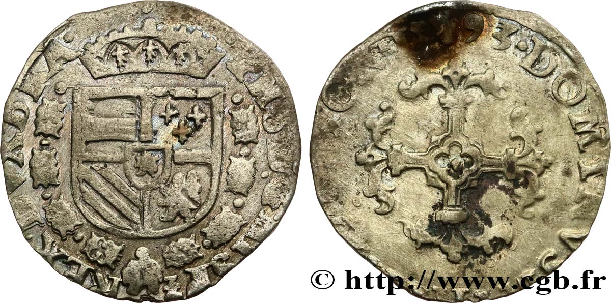 SPANISH NETHERLANDS - DUCHY OF BRABANT - PHILIP II 1/20 Écu 1593 Anvers VF 