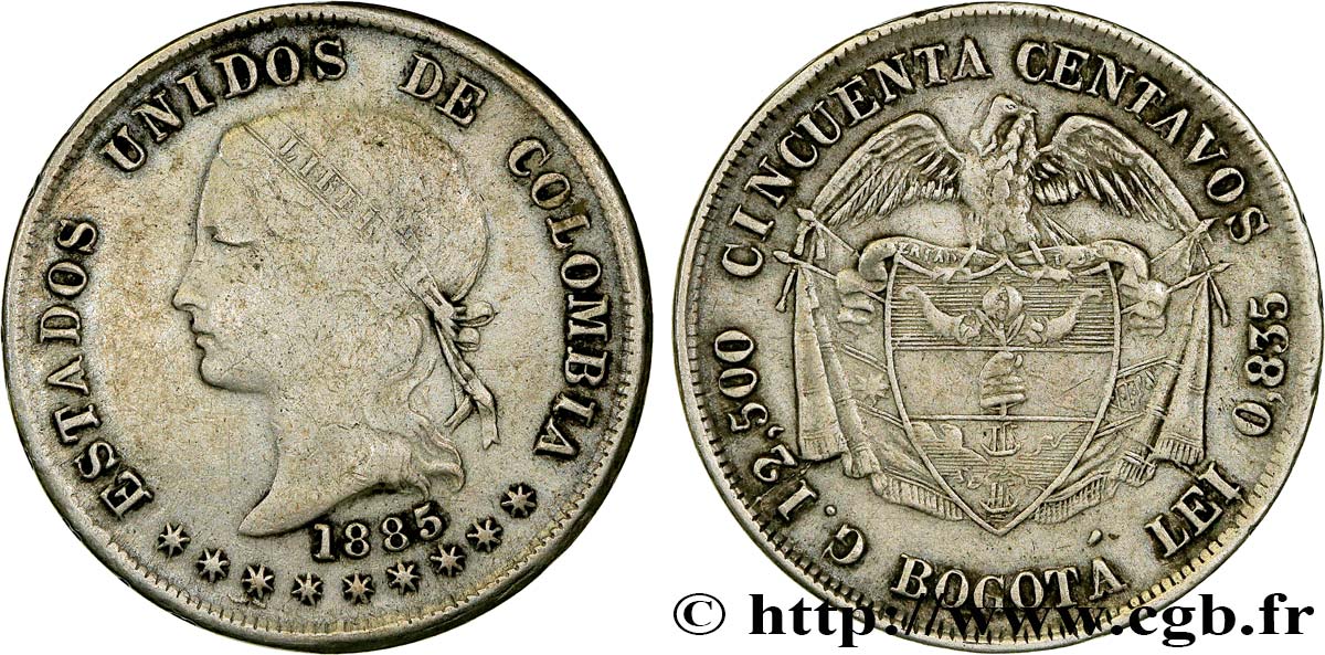 COLOMBIA 50 Centavos 1885 Bogota VF 