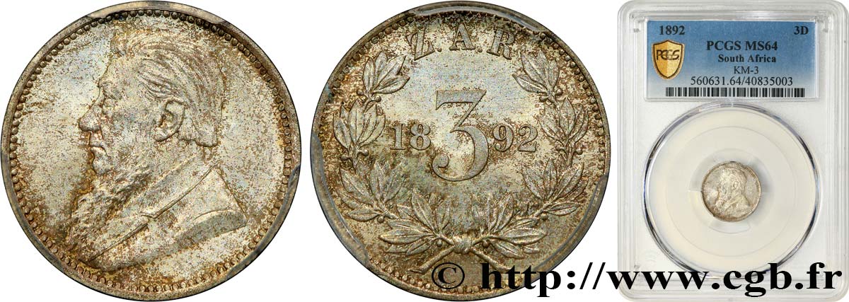 SOUTH AFRICA 3 Pence Kruger 1892  MS64 PCGS