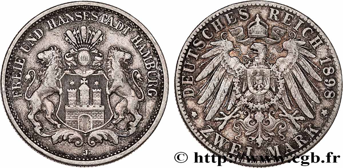 ALLEMAGNE - VILLE LIBRE DE HAMBOURG 2 Mark blason de Hambourg 1898 Hambourg TTB+