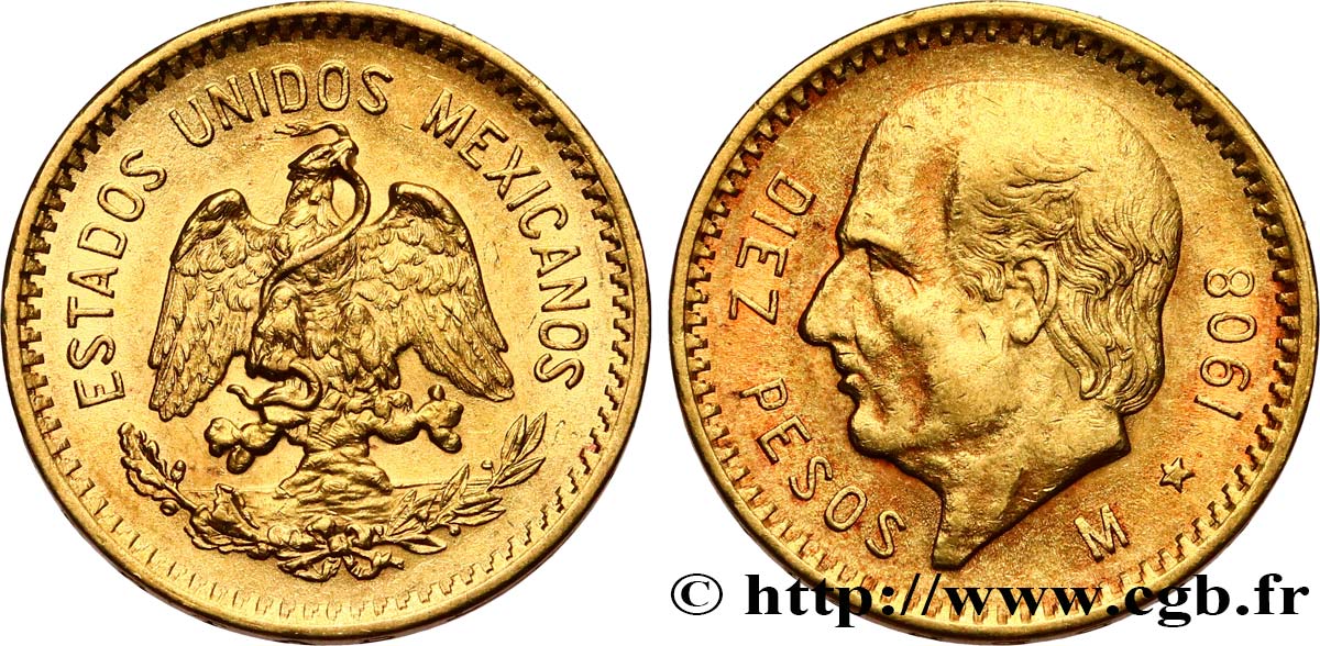 MEXIQUE 10 Pesos or Miguel Hidalgo y Costilla 1908 Mexico TTB+ 