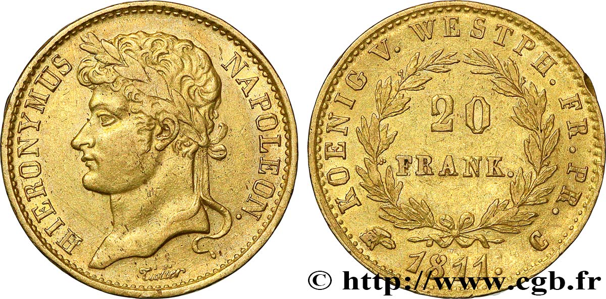 GERMANY - KINGDOM OF WESTPHALIA - JÉRÔME NAPOLÉON 20 Franken 1811 Cassel XF 