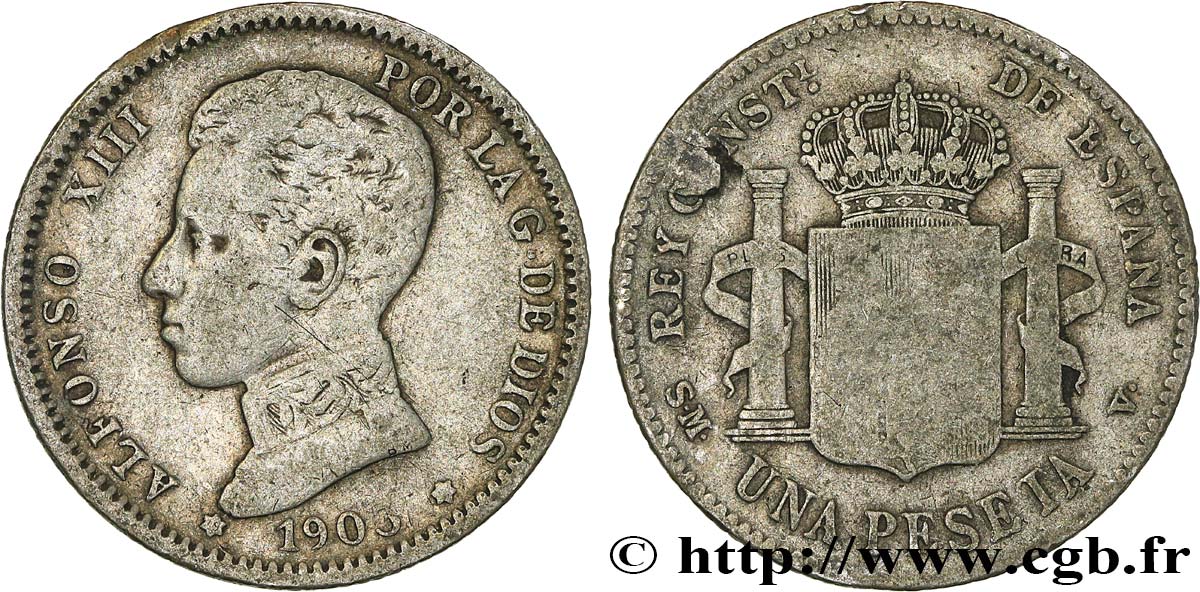 ESPAGNE 1 Peseta Alphonse XIII 4e type de buste 1903 Madrid TB