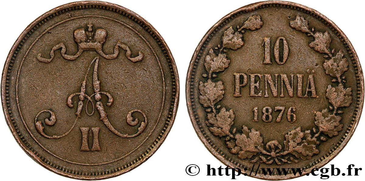 FINLANDE 10 Pennia monogramme Alexandre II 1876 TB+
