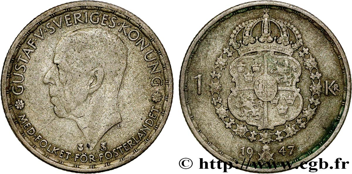 SWEDEN 1 Krona Gustave V 1947 VF