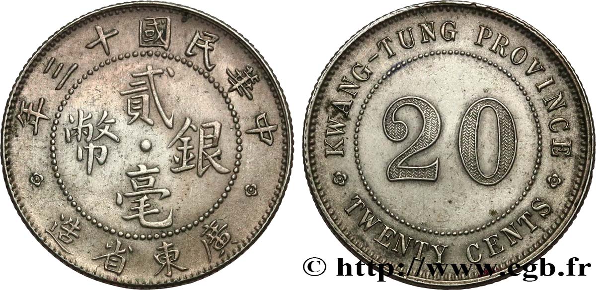 CHINE 20 Cents province de Guangdong 1924 Guangzhou (Canton) TTB+ 