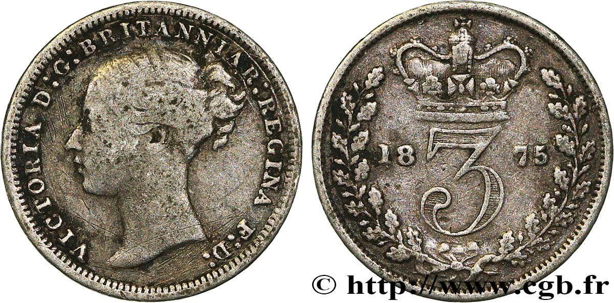 ROYAUME-UNI 3 Pence Victoria “Bun Head” 1875 TB+