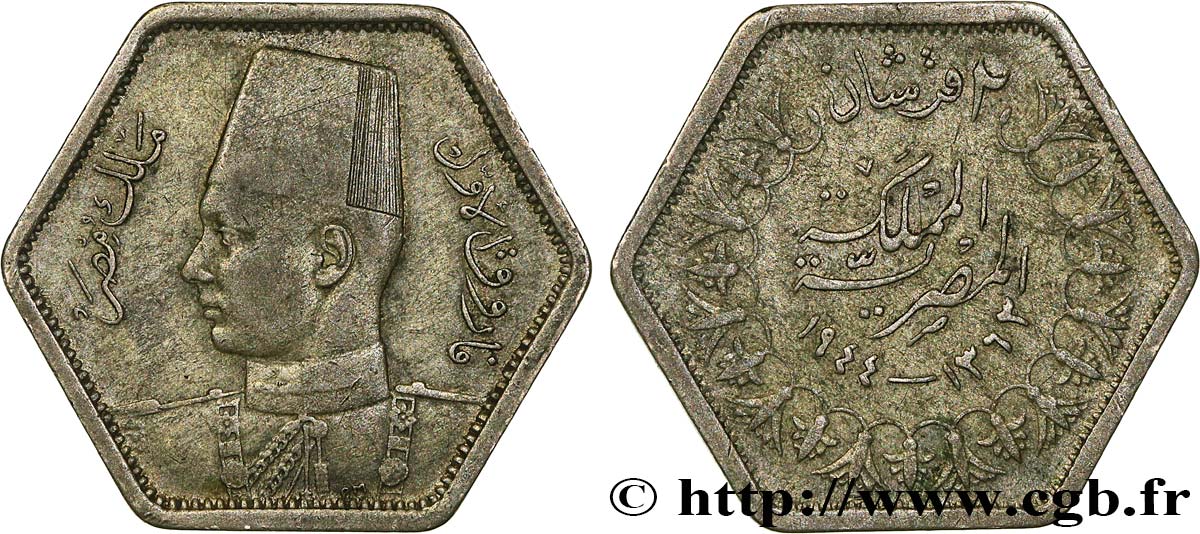 ÉGYPTE 2 Piastres Roi Farouk an AH1363 1944 TTB+