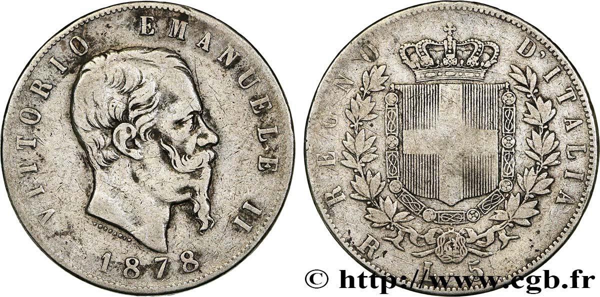 ITALIE 5 Lire Victor Emmanuel II 1878 Rome TB