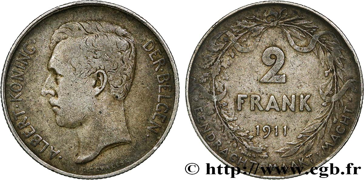 BELGIQUE 2 Frank (Francs) Albert Ier légende flamande 1911 Bruxelles TB+