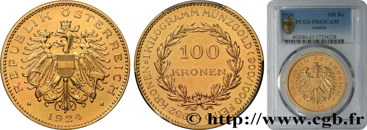 AUTRICHE - RÉPUBLIQUE 100 Kronen 1924 Vienne MS63 PCGS