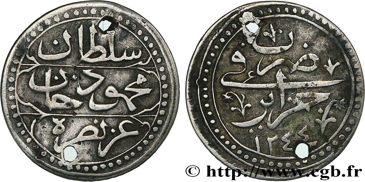 ALGÉRIE 1/4 Budju au nom de Mahmud II an 1244 (monnaie trouée) 1828 TTB