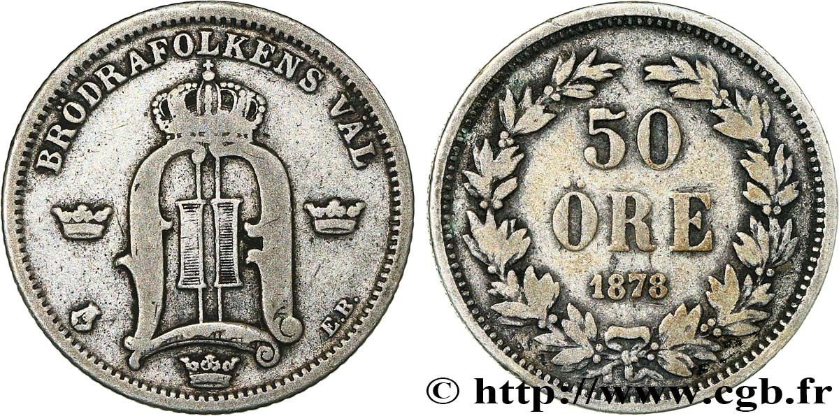 SUÈDE 50 Ore Oscar II 1878 Copenhague TB