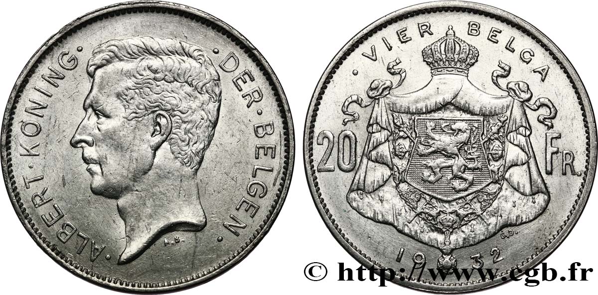 BELGIEN 20 Francs - 4 Belga Albert Ier légende Flamande position B 1932 SS