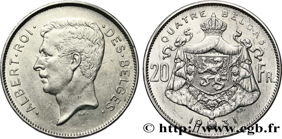 BELGIO 20 Francs - 4 Belga Albert Ier légende Française position B 1931  BB 