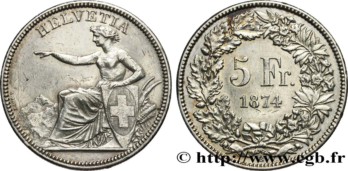 SWITZERLAND 5 Francs Helvetia assise 1874 Berne XF 