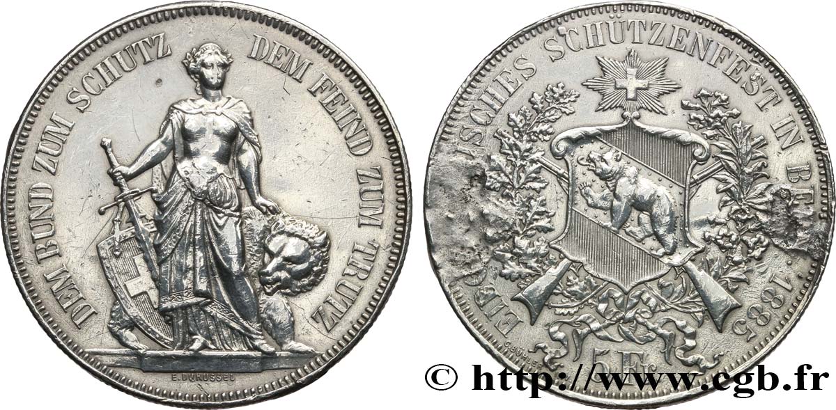 SWITZERLAND 5 Francs concours de Tir de Berne 1885  XF 