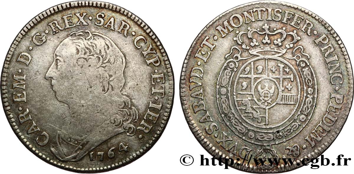 ITALY - KINGDOM OF SARDINIA - CHARLES EMMANUEL III 1/2 Scudo  1764 Turin VF/XF 
