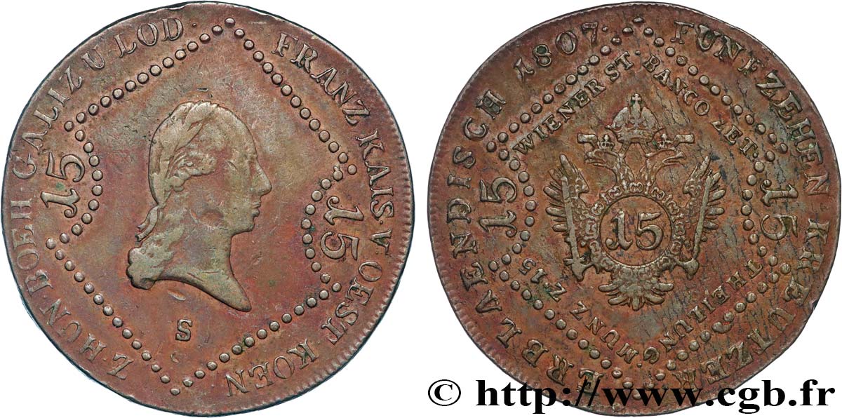 AUSTRIA 15 Kreuzer empereur François Ier 1807 Vienne BB