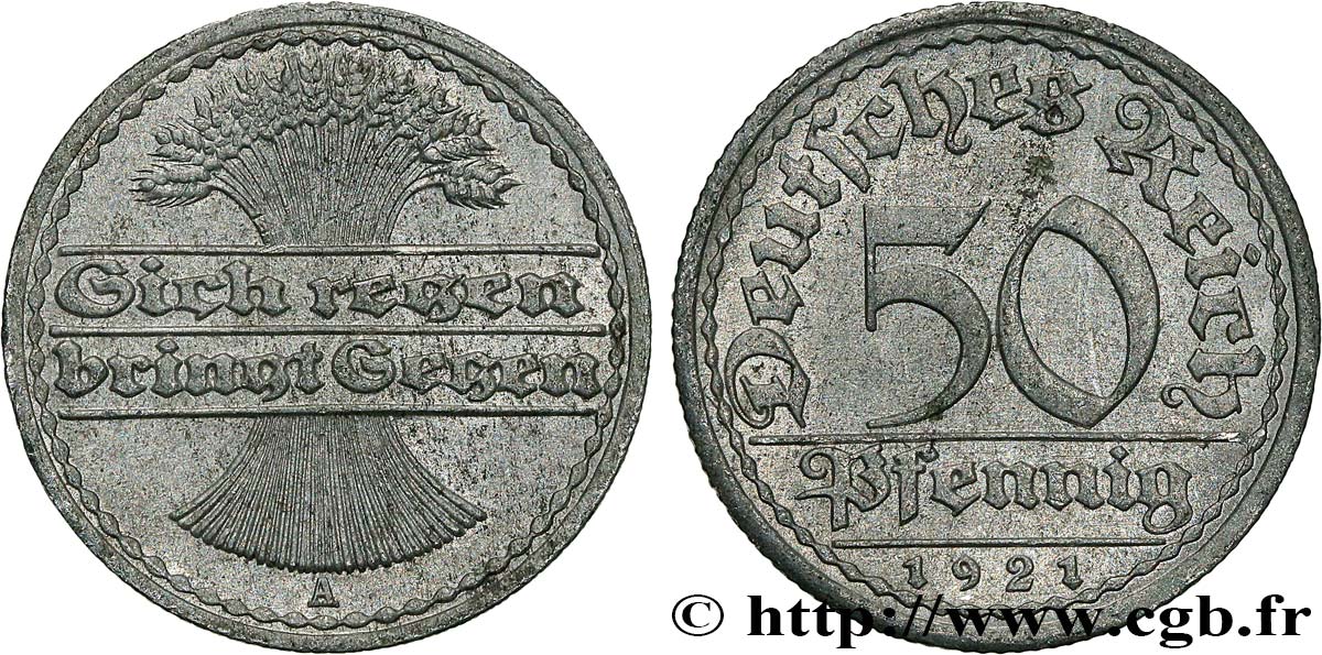 DEUTSCHLAND 50 Pfennig gerbe de blé “sich regen bringt segen“ 1921 Berlin - A VZ