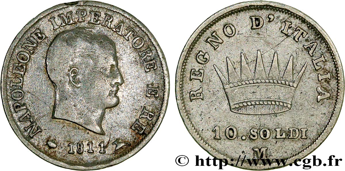 ITALY - KINGDOM OF ITALY - NAPOLEON I 10 Soldi Napoléon Empereur et Roi d’Italie 1811 Milan - M VF