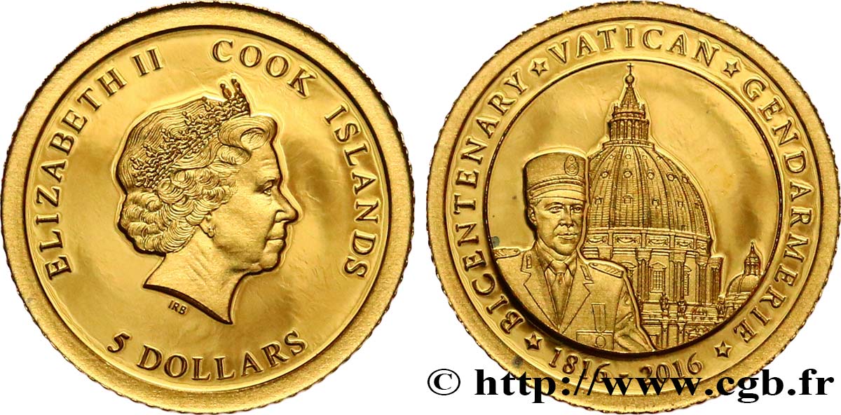 COOK INSELN 5 Dollar Proof bicentenaire de la création de la Gendarmerie du Vatican 2016  ST 