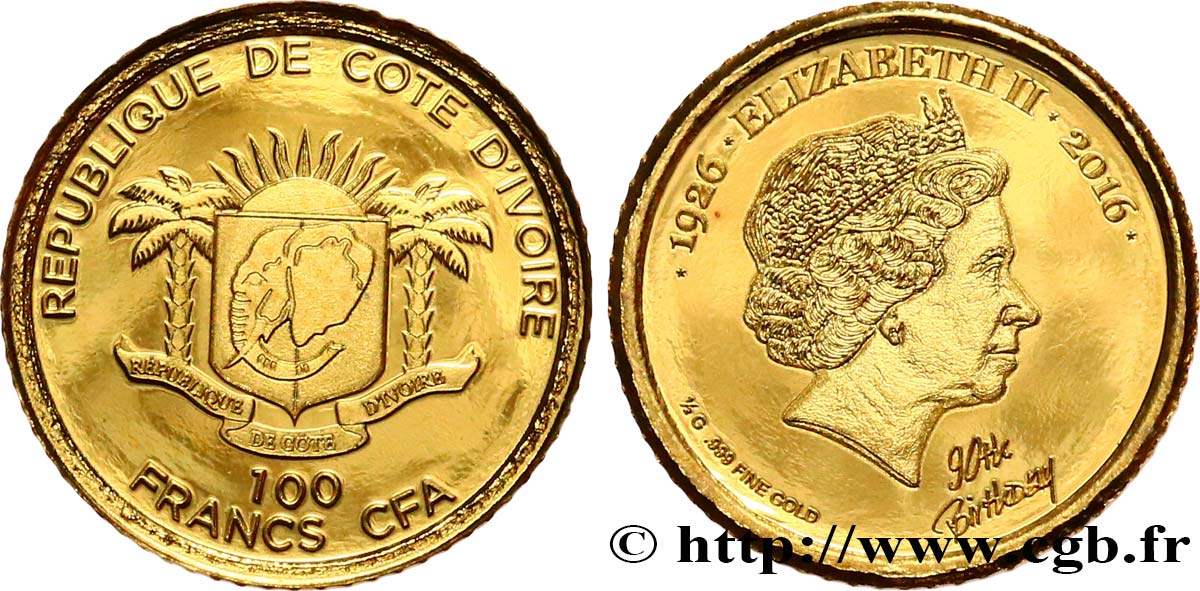 IVORY COAST 100 Francs CFA Proof 90e anniversaire de la reine Élisabeth II 2016  MS 
