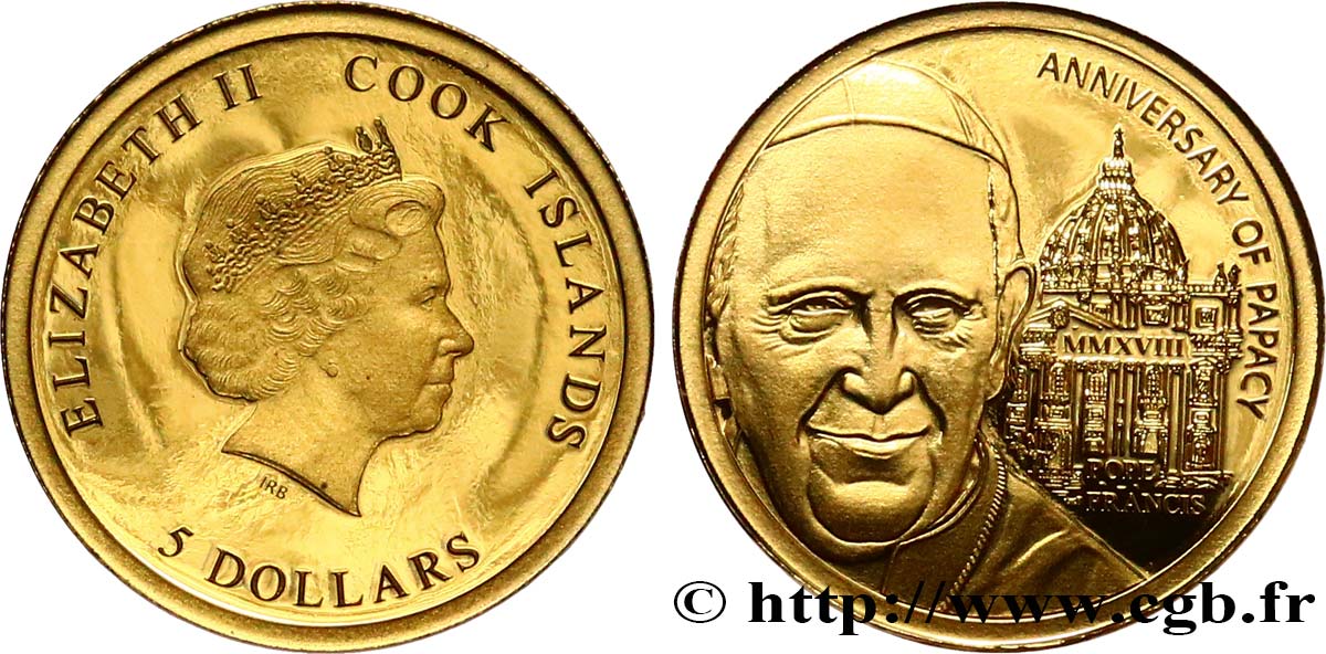 ISOLE COOK 5 Dollar Proof Anniversaire de la Papauté - pape François 2018  FDC 