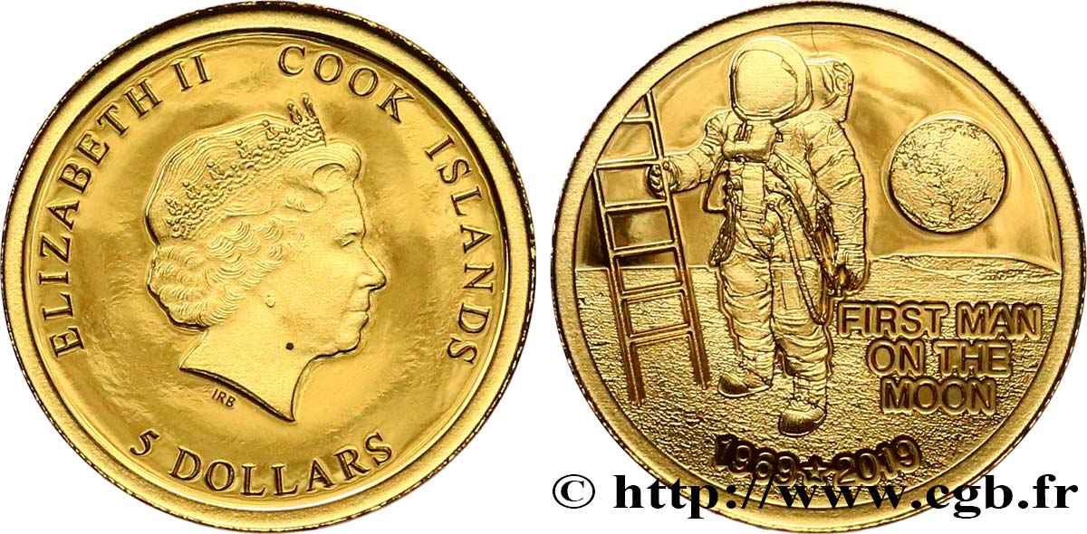 COOK ISLANDS 5 Dollar Proof 50e anniversaire du premier pas sur le Lune 2019  MS 