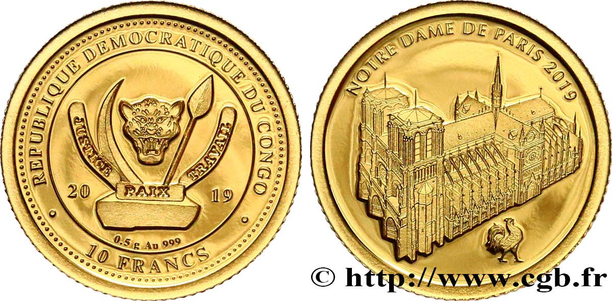 DEMOKRATISCHE REPUBLIK KONGO 10 Francs Proof Notre-Dame de Paris 2019  fST 