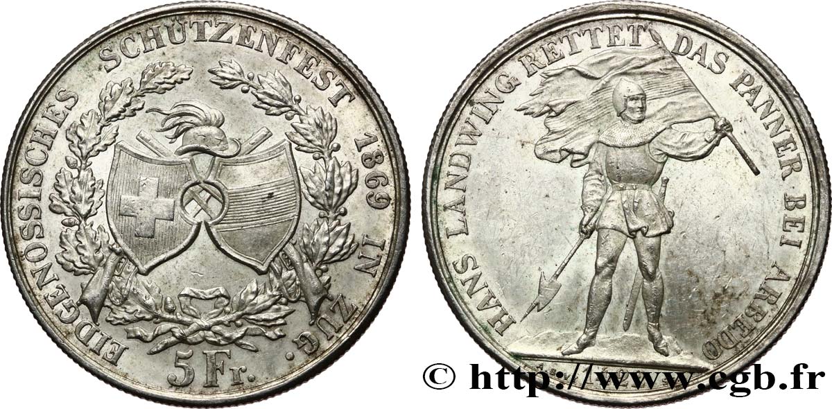 SUISSE 5 Francs, monnaie de Tir, Zoug 1869  TTB+ 