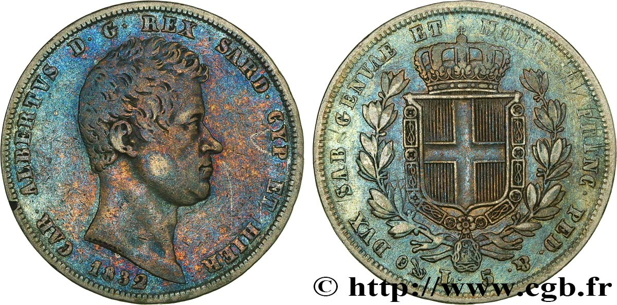 ITALY - KINGDOM OF SARDINIA - CHARLES-ALBERT 5 Lire 1832 Turin VF 