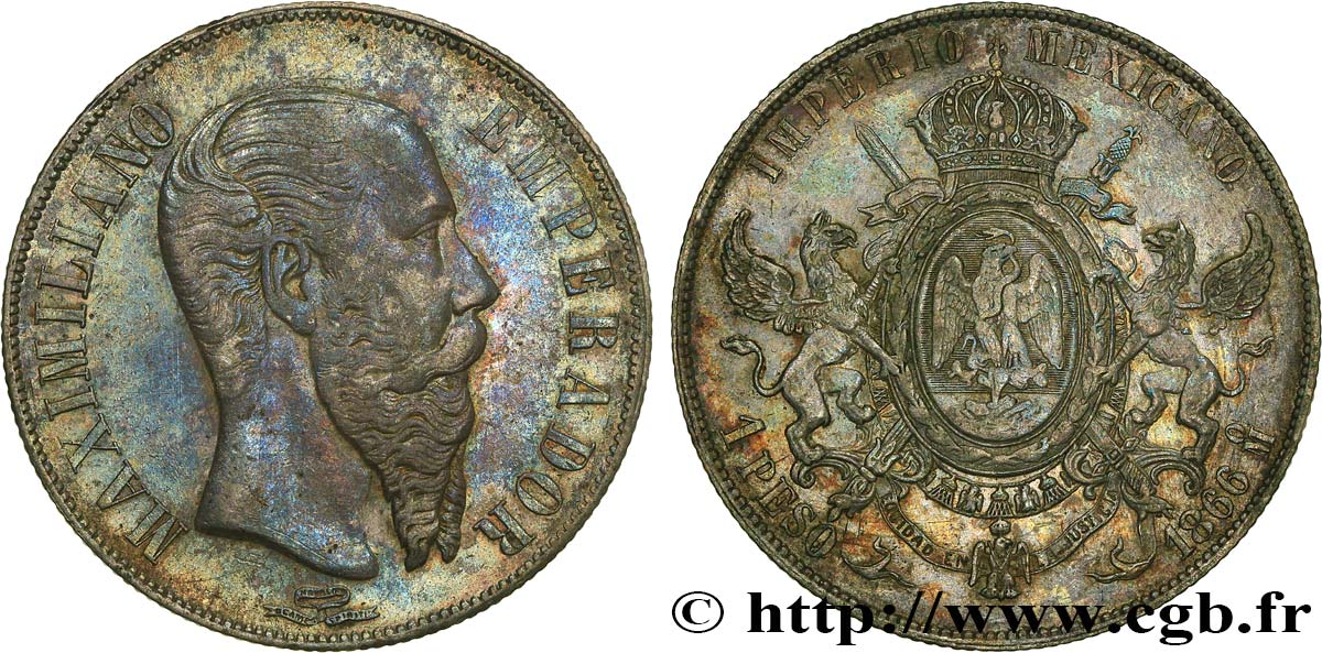MEXIQUE 1 Peso Empereur Maximilien 1866 Mexico TB+/TTB 