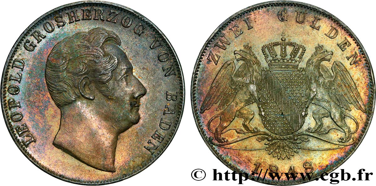 ALLEMAGNE - BADE 2 Gulden Léopold Ier de Bade 1848 Karlsruhe TTB+ 