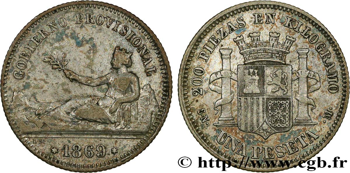 SPAIN 1 Peseta monnayage provisoire avec mention “Gobierno Provisional” 1869 Madrid XF