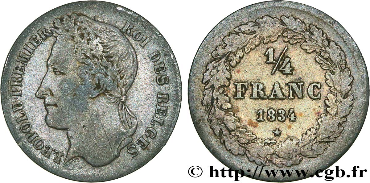 BELGIQUE 1/4 Franc Léopold Ier tête laurée 1834 Bruxelles TB+