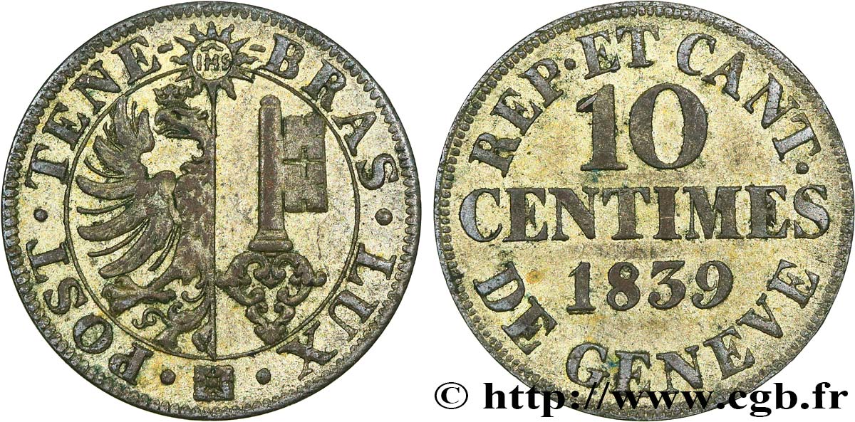 SWITZERLAND - REPUBLIC OF GENEVA 10 Centimes 1839 XF
