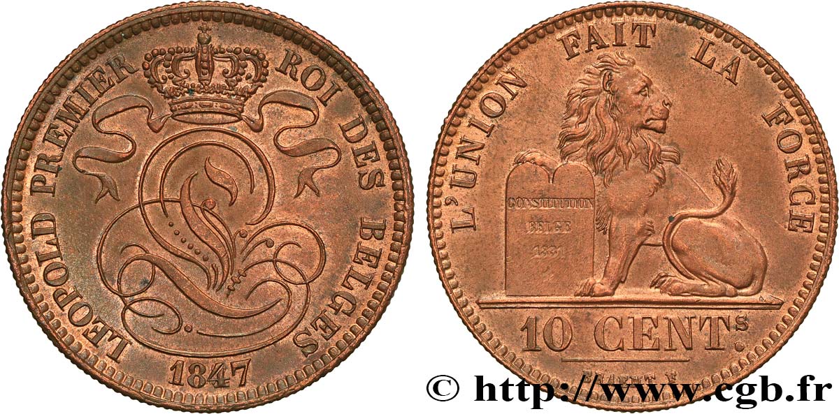 BELGIQUE - ROYAUME DE BELGIQUE - LÉOPOLD Ier 10 centimes 1847/37  SUP 