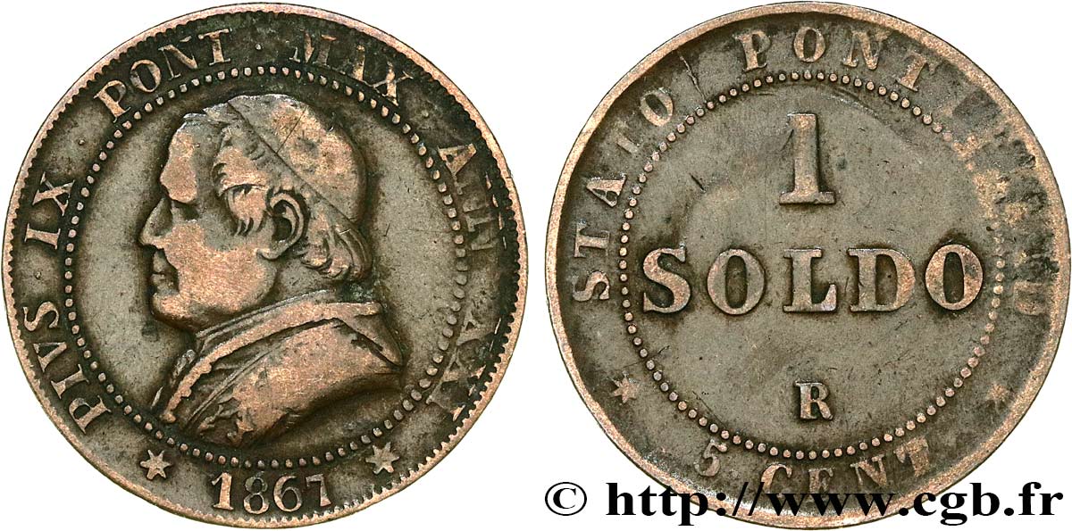 VATICAN ET ÉTATS PONTIFICAUX 1 Soldo an XXI buste large 1867 Rome TB+