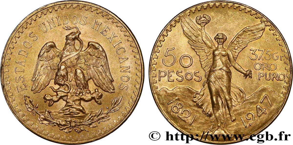 GOLD, PALLADIUM & PLATINUM INVESTMENT 50 Pesos or 1947 Mexico AU