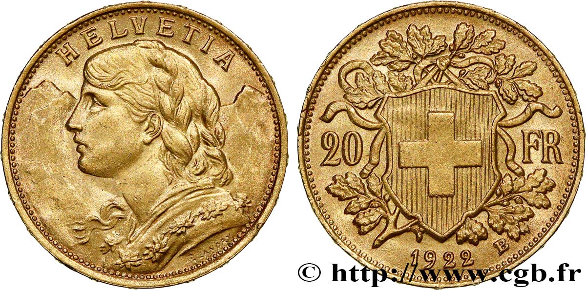 GOLD, PALLADIUM & PLATINUM INVESTMENT 20 Francs Vreneli 1922 Berne AU