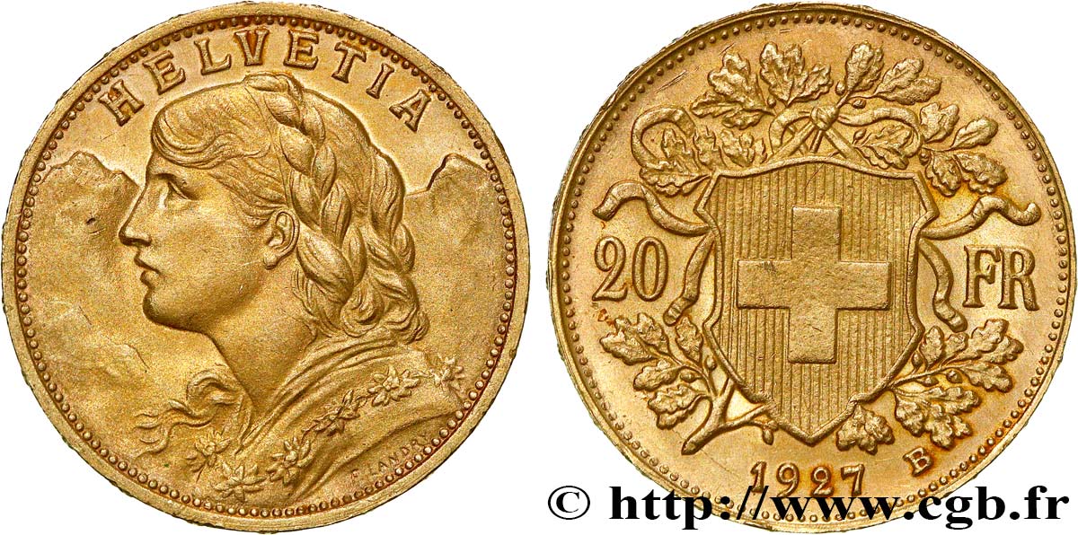 GOLD, PALLADIUM & PLATINUM INVESTMENT 20 Francs or Vreneli 1927 Berne AU