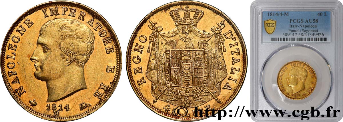 ITALIEN - Königreich Italien - NAPOLÉON I. 40 Lire 1814/4 Milan VZ58 PCGS