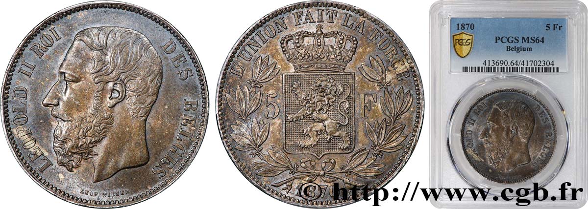 BELGIUM - KINGDOM OF BELGIUM - LEOPOLD II 5 Francs  1870  MS64 PCGS