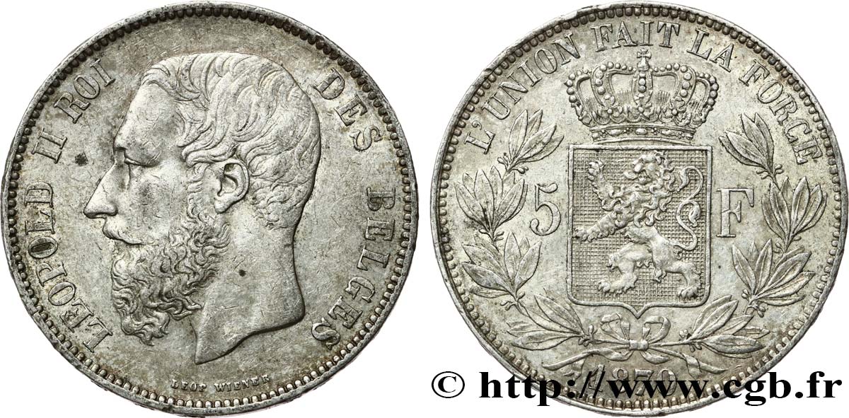 BELGIQUE 5 Francs Léopold II 1870 TTB