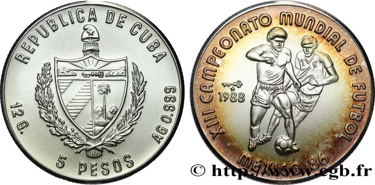 KUBA 5 Pesos Coupe du Monde de football Italie 1990 1988 La Havane fST 