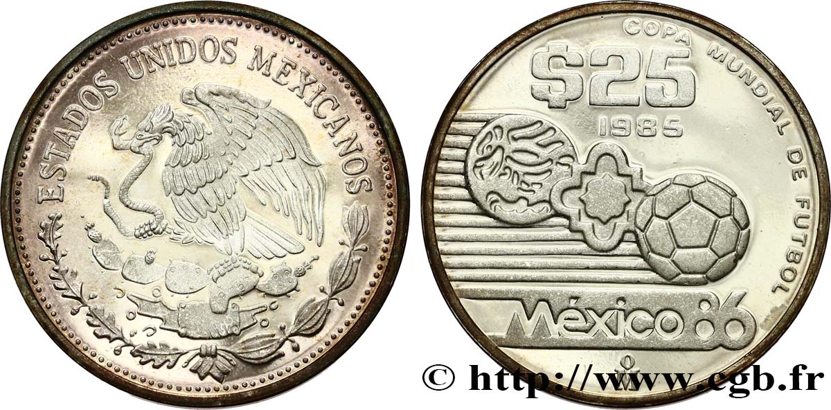 MEXIKO 25 Pesos Proof coupe du Monde de football 1986 1985  fST 