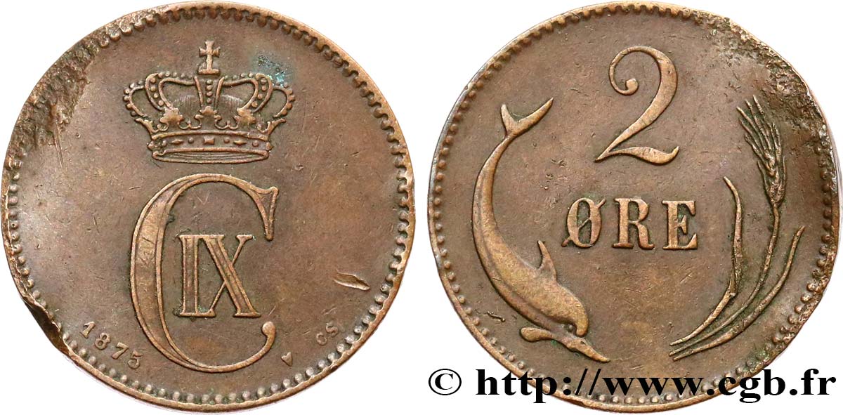 DANEMARK 2 Ore Christian IX 1875 Copenhague TTB+