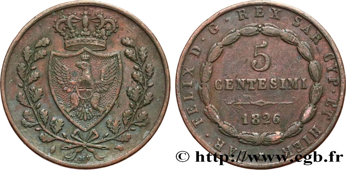 ITALIEN - KÖNIGREICH SARDINIEN 5 Centesimi type au “L” 1826 Turin fSS