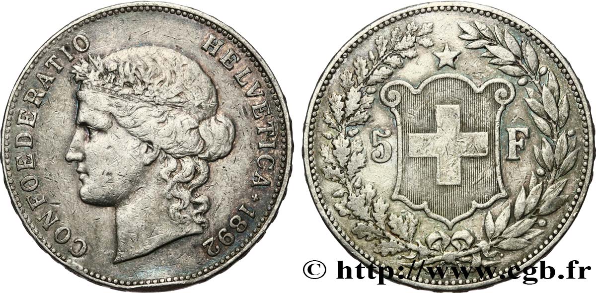 SWITZERLAND 5 Francs Helvetia 1892 Berne VF